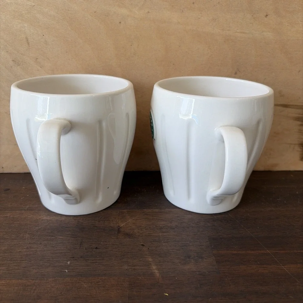 Pair Of 2003 Starbucks Siren Coffee Mug White Fluted Barista Set of Two Vintage
